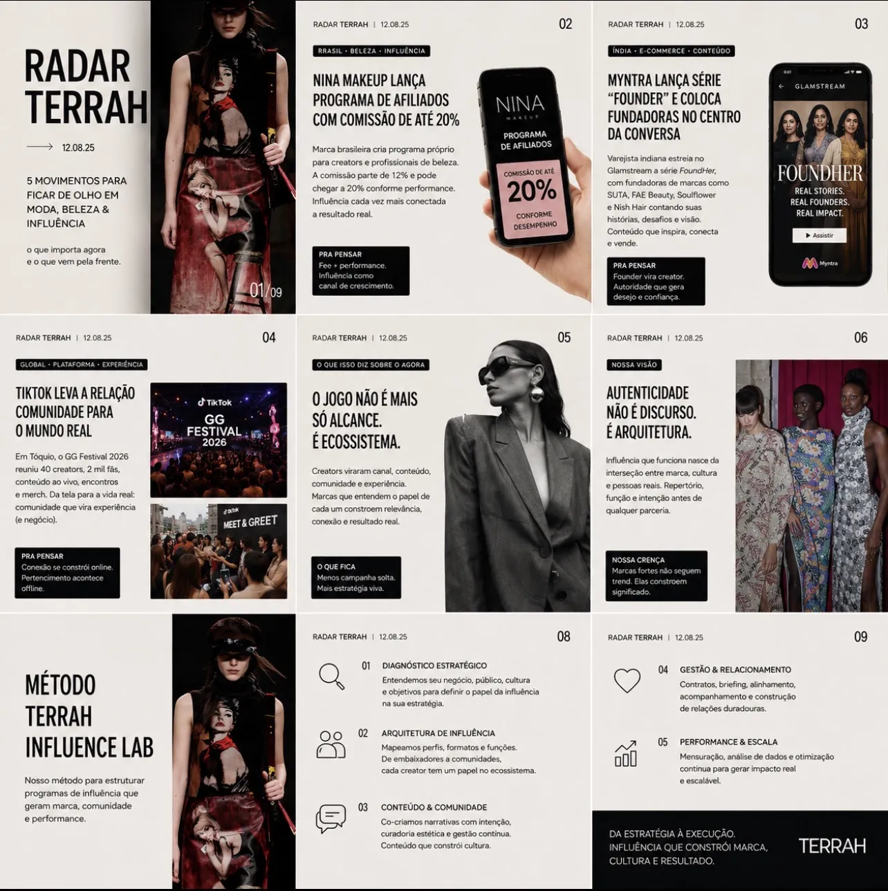 Primeira versão do carrossel Radar TerraH, gerada no ChatGPT: fundo claro e imagens de moda
